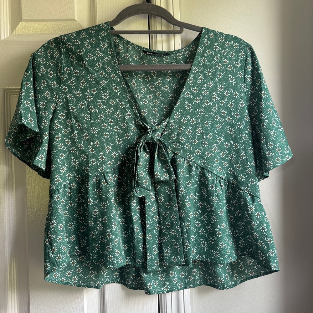 Green Tie Front Peplum Blouse